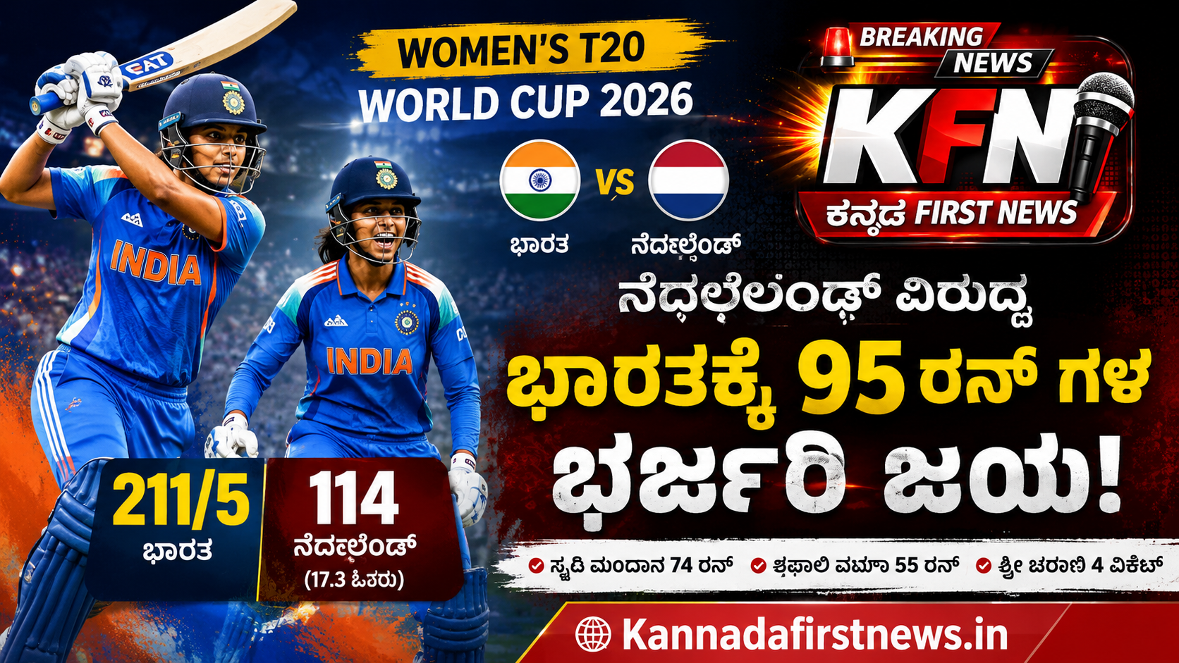 ನೆದರ್ಲೆಂಡ್ ವಿರುದ್ಧ 95 ರನ್‌ಗಳ ಭರ್ಜರಿ ಗೆಲುವು ಸಾಧಿಸಿದ ಭಾರತ ಮಹಿಳಾ ತಂಡ